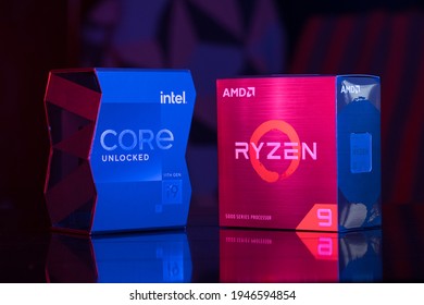 
SANTA CLARA, Calif. March 31, 2021: Two Boxed Processor Duel: Intel Core I9 Vs AMD Ryzen 9, Or Rocket Lake Vs Zen 3