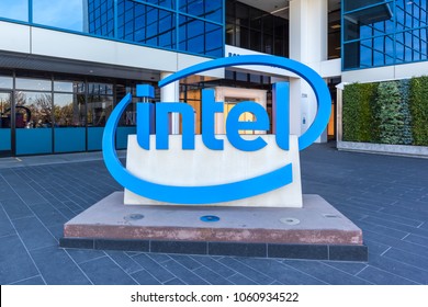 Santa Clara, California, USA - March 29, 2018: Close Up Of Intel Sign At Entrance Of The Intel Museum In Silicon Valley. Intel Is An American Multinational Corporation And Technology Company.  