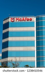 SANTA CLARA, CA/USA - OCTOBER 20, 2018: McAfee Corporate Headquarters Building And Trademark Logo. McAfee Is Part Of The Intel Security Division.