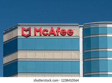 SANTA CLARA, CA/USA - OCTOBER 20, 2018: McAfee Corporate Headquarters Building And Trademark Logo. McAfee Is Part Of The Intel Security Division.