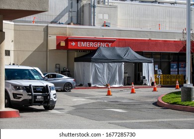 Santa Clarita, California USA: March 18, 2021. Henry Mayo Newhall Hospital Prescreening Tent For Coronavirus (COVID-19) At Emergency Entrance. Covid Testing