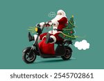 Santa Claus with bag full of Christmas gifts and tree on electric scooter against green background