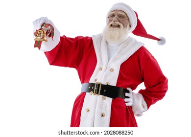 Santa Claus Bell Ringer On White Background Isolated. Senior Male Actor Old Man With A Real White Beard In The Role Of Father Christmas