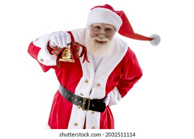 Santa Claus Bell Ringer Singing Jingle Bells On White Background Isolated. Senior Male Actor Old Man With A Real White Beard In The Role Of Father Christmas