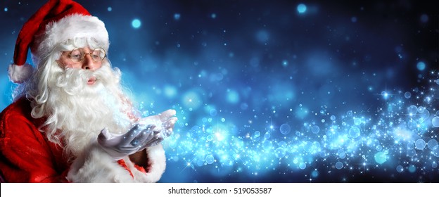 Santa Claus Blowing Magic Christmas Stars In Snowy Night
