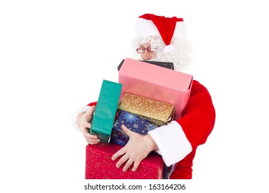 Santa Claus Carrying Too Much Colourful Gifts