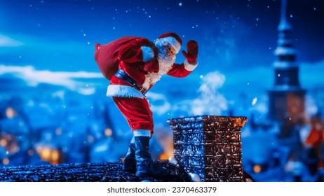 Santa Claus Carrying a Red Bag with Gifts to Children, Carefully Walking on a Roof of a House on a Night of Christmas Eve. Santa Waving To Camera and Magically Disappearing into the Chimney - Powered by Shutterstock