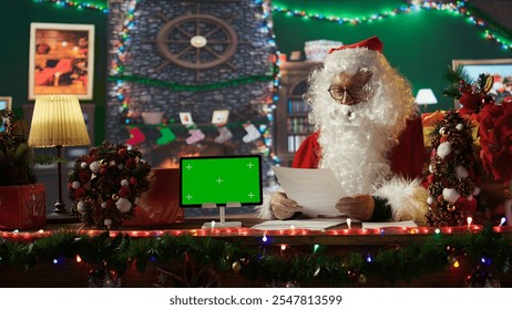 Santa Claus checking his naughty or nice list next to isolated mockup, preparing for his journey around the world to bring gifts on Christmas eve. Old man making children happy on x mas. Camera B. - Powered by Shutterstock