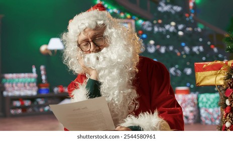 Santa Claus checks his list twice in this warm Christmas setting. Magical tradition with gifts and toys fill the heart of Saint Nicholas with holiday spirit, reading letters from children. Camera A. - Powered by Shutterstock