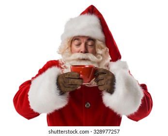 Santa Claus drinking hot beverage from red mug Closeup Portrait - Powered by Shutterstock