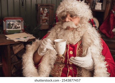 Santa Claus drinking hot tea or cocoa while sitting at home - Powered by Shutterstock