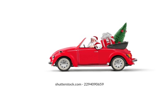 Santa Claus driving red car with christmas gift and christmas tree isolated on a white background. - Powered by Shutterstock