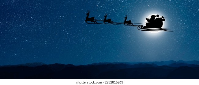 Santa Claus vuela en Nochebuena en el cielo nocturno con nieve