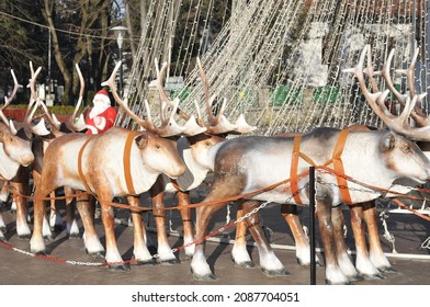 Santa Claus flying in the sleigh pulled by the eight reindeer, has a white beard, is dressed in red clothes, and has a sleigh full of gifts 