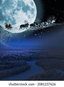 Santa Claus get a move to ride on their reindeer. Magic Santa's sleigh flying over Christmas fairy forest on the background of huge moon.