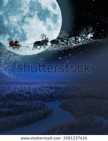 Santa Claus get a move to ride on their reindeer. Magic Santa's sleigh flying over Christmas fairy forest on the background of huge moon.