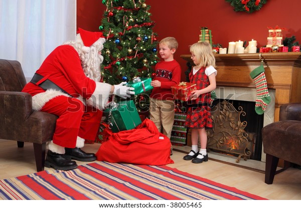 Santa Claus Gives Christmas Gifts Children Stock Photo Edit Now