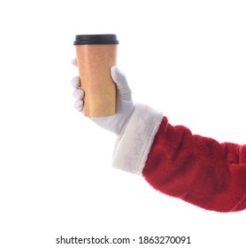 Santa Claus Hand And Arm Holiding A Disposabel Cup Of Coffee Over White.