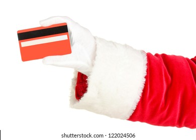 Santa Claus Hand Holding Red Credit Card Isolated On White