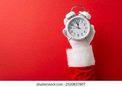 A Santa Claus hand holding a vintage alarm clock against a red background symbolizing holiday countdown and festive anticipation - Powered by Shutterstock