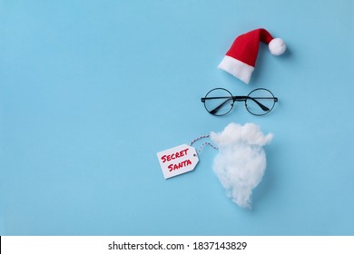 Santa Claus Hat, Glasses And Beard. Christmas Or New Year Greeting Card. Secret Santa Concept.