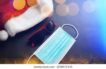 Santa Claus hat, glasses and nose with face mask on red background. Christmas or New Year celebration concept. Christmas reindeer made from protective face mask and decorations. Health care concept.

 - Powered by Shutterstock