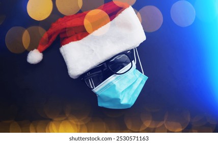 Santa Claus hat, glasses and nose with face mask on red background. Christmas or New Year celebration concept. Christmas reindeer made from protective face mask and decorations. Health care concept.

 - Powered by Shutterstock