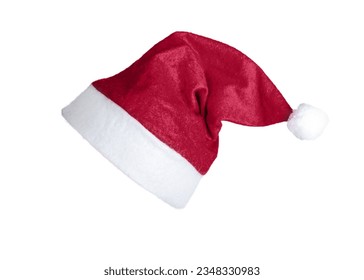 Santa Claus hat, red cap with fur for Christmas, winter holiday, isolated on white background.