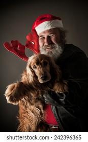 Santa Claus  With His Dog As Rudolph The Reindeer