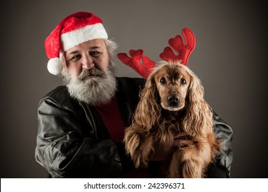 Santa Claus  With His Dog As Rudolph The Reindeer