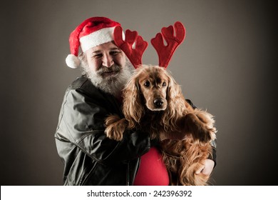 Santa Claus  With His Dog As Rudolph The Reindeer