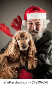 Santa Claus  With His Dog As Rudolph The Reindeer