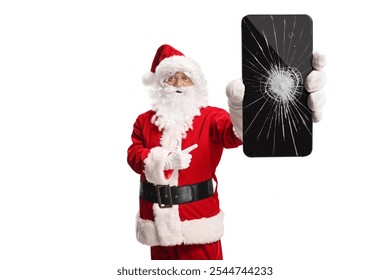 Santa Claus holding a broken smartphone and pointing isolated on white background - Powered by Shutterstock