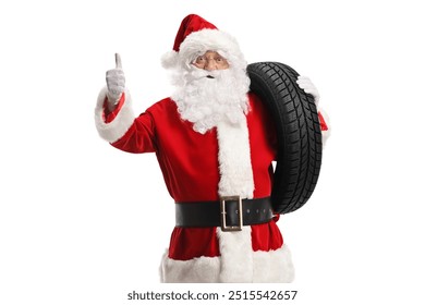 Santa claus holding a car tire and showing thumbs up isolated on white background - Powered by Shutterstock