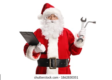 Santa Claus Holding A Clipboard And Car Repair Tools Isolated On White Background