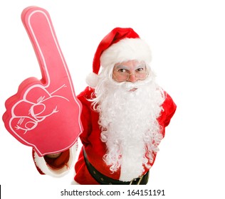 Santa Claus holding up a number one foam finger.  Isolated on white.   - Powered by Shutterstock