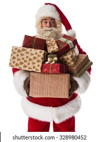 Santa Claus Holding Pile Of Gift Boxes Closeup Portrait