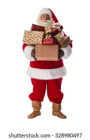 Santa Claus Holding Stack Of Gift Boxes Full-Length Portrait