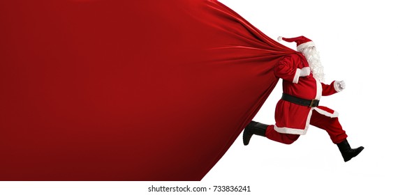 Santa Claus with a huge bag, on the run to, delivery christmas gifts isolated on white background