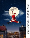 Santa Claus jumping between rooftops with a sack of presents. Starry winter night, full moon. Waiting for Christmas.