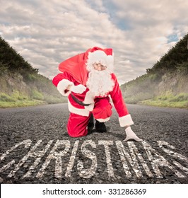 Santa Claus On A Road Ready To Run. Christmas Concept