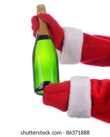 Santa Claus Outstretched Arm Holding A Champagne Bottle In Both Hands. Vertical Format Over A White Background.