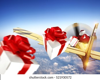 Santa Claus In Plane And Boxes Of Gifts 