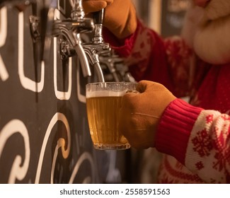 Santa Claus pouring beer from a keg at a bar.  - Powered by Shutterstock