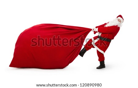 Santa Claus pulling huge bag full of christmas presents isolated on white background