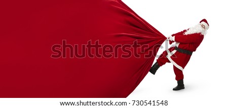 Santa Claus pulling huge bag of gifts that can be easily changed into a banner isolated on white background with copy space
