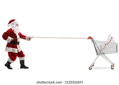 Santa Claus Pulling A Shopping Cart With A Bar Chart Inside Isolated On White Background