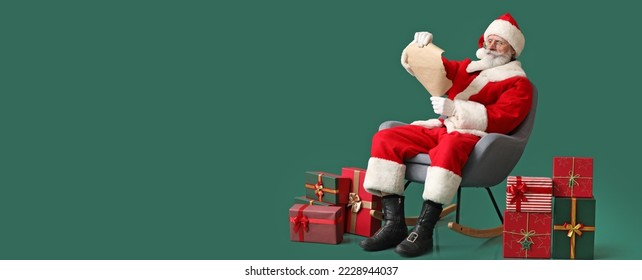 Santa Claus reading wish list on green background with space for text - Powered by Shutterstock