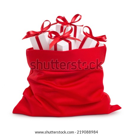 Santa Claus red bag with gifts, isolated on white background.