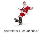 Santa claus riding a skateboard isolated on white background 